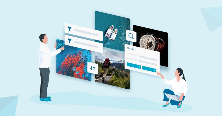 Auf dem Bild sind zwei Marketer zu sehen, die Metadaten und Filterfunktion des CELUM Digital Asset Management Systems verwenden.