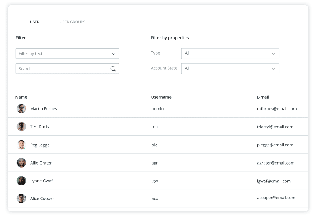 Screenshot einer Benutzer*innenübersicht mit Filter- und Zugriffsoptionen im Digital Asset Management.