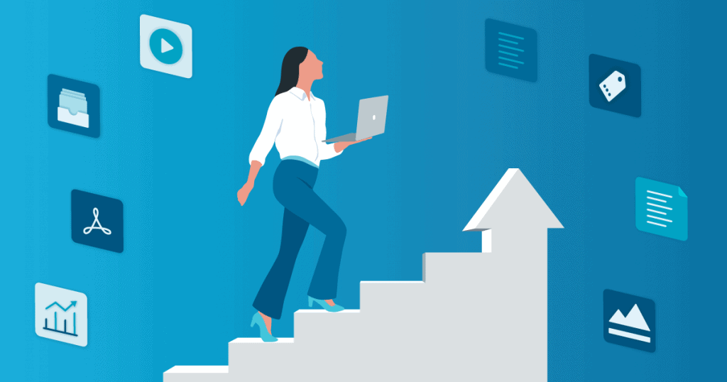 eine Frau trägt einen offenen Laptop und geht dabei eine Treppe nach oben - um sie herum fliegen verschiedene Icons, die unterschiedliche Assettypen repräsentieren.