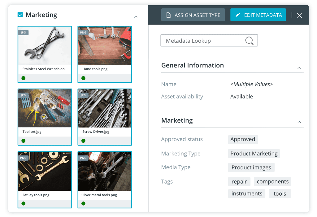 Screenshot einer Medienverwaltung mit verschiedenen Werkzeugbildern, Metadaten und Marketing-Tags