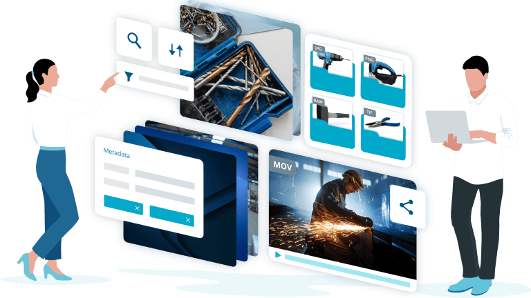 Illustration eines Digital Asset Management Systems mit KI-Funktionen, Medienkarten, Metadaten, Suche und Dateiformaten.