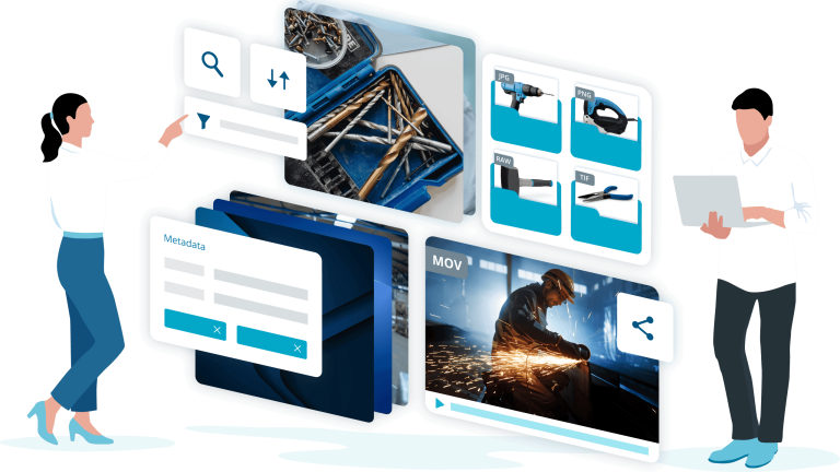 Illustration eines Digital Asset Management Systems mit KI-Funktionen, Medienkarten, Metadaten, Suche und Dateiformaten.