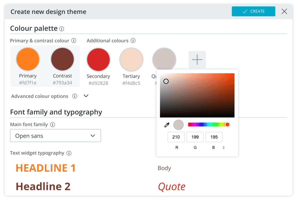 Screenshot eines Design-Editors mit Farbpalette, Typografie-Auswahl und einem geöffneten Farbwähler.