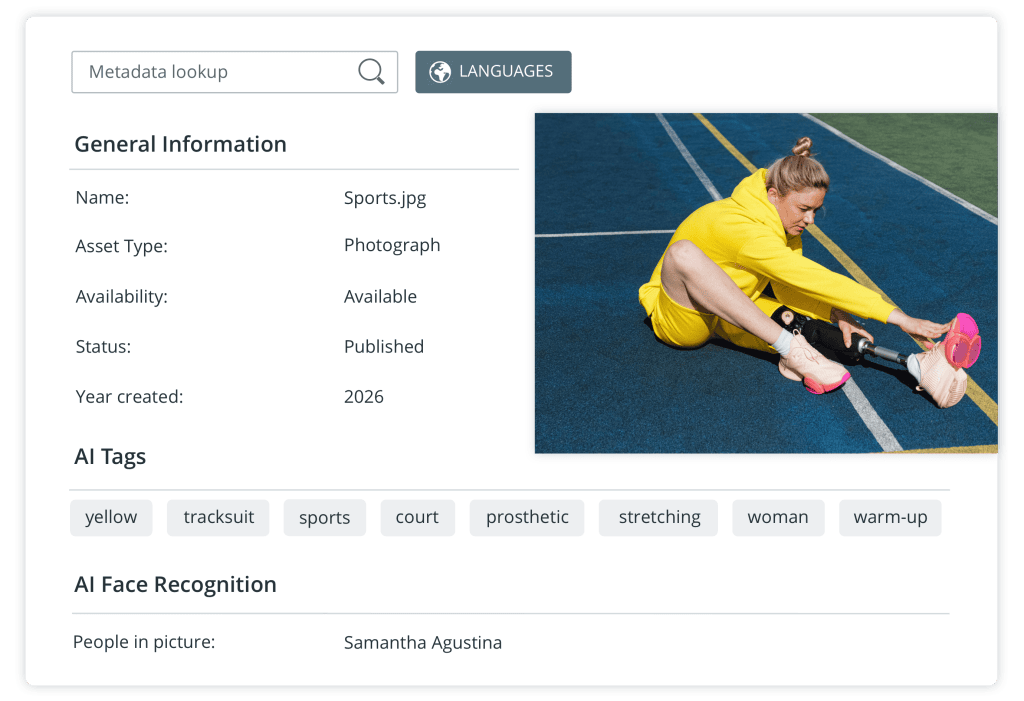 Benutzeroberfläche eines Digital Asset Management Systems mit KI-Tags, Metadaten und Gesichtserkennung für ein Sportfoto.