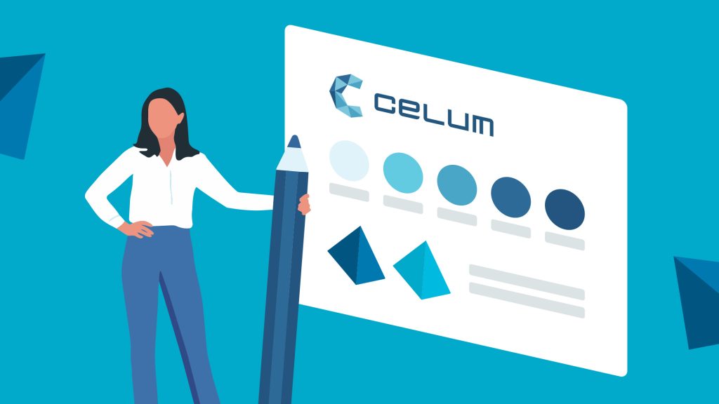 Illustration einer Designerin vor einem CELUM-Brand-Styleguide mit Farbpalette und Design-Elementen.