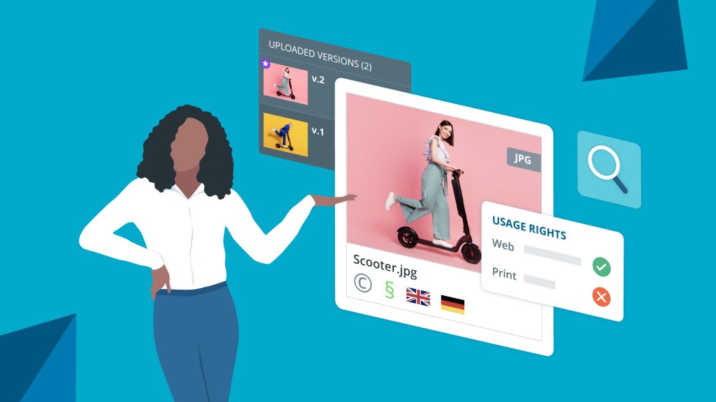 Illustration mit einem Bild eines Scooters, Anzeige der Datei-Versionen und einem Nutzungshinweis f&Atilde;&frac14;r Web&acirc; und Printrechte.