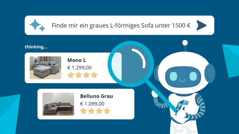 Illustration einer KI‑basierten Produktsuche mit Texteingabe, Suchergebnissen für Sofas, Preisen und Bewertungen.