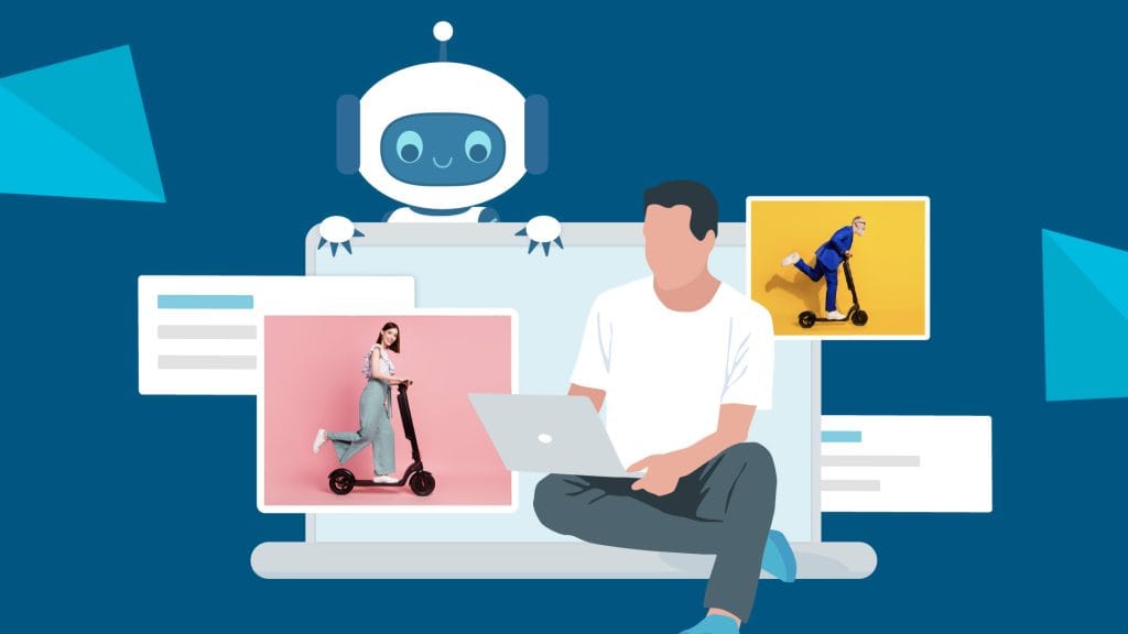 Illustration eines Benutzers mit Laptop, KI&acirc;Assistent und automatisch generierten Produktbildern eines E&acirc;Scooters.