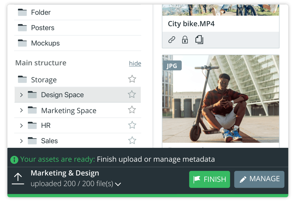 Bulk upload screen with folders and JPG image of man on electric scooter using phone.