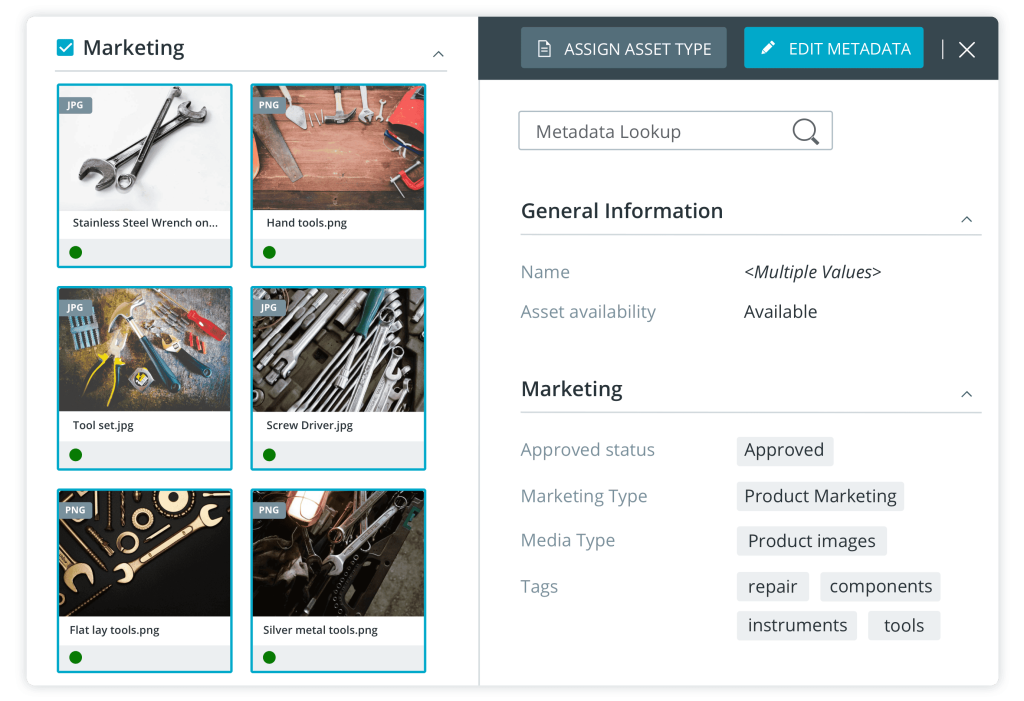 Screenshot einer Medienverwaltung mit verschiedenen Werkzeugbildern, Metadaten und Marketing-Tags