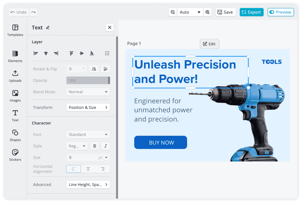 Screenshot of a design editor with power drill ad banner and text ‘Unleash Precision and Power’ for brand consistency and quality assurance.