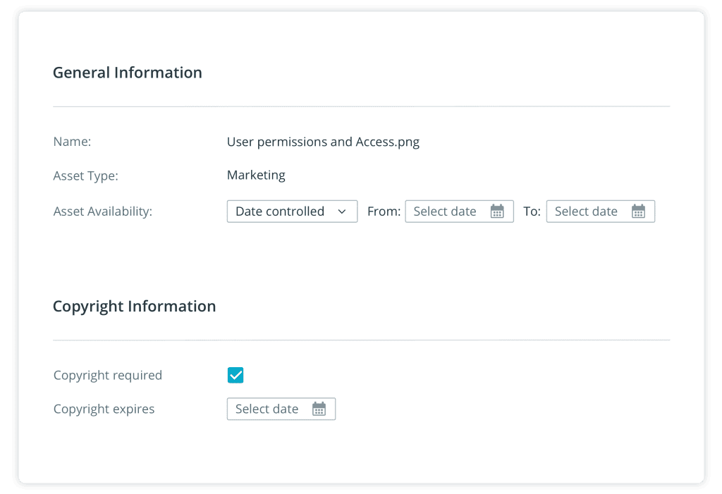 Screenshot of asset settings showing copyright and availability options in Digital Asset Management.