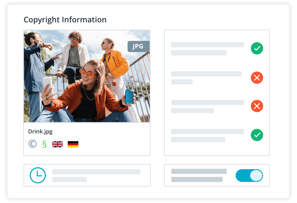 Screenshot of a copyright management dashboard with group photo and automated rights validation.