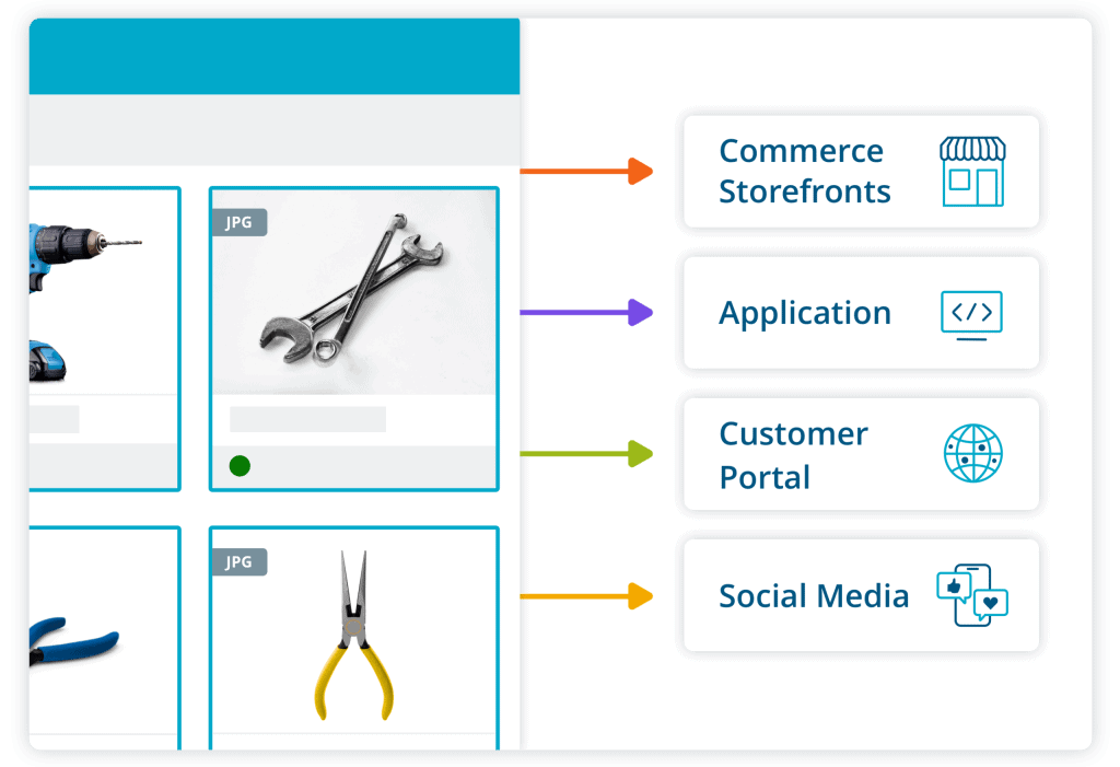 Screenshot of automated content delivery from Digital Asset Management to commerce, apps, customer portals, and social media.