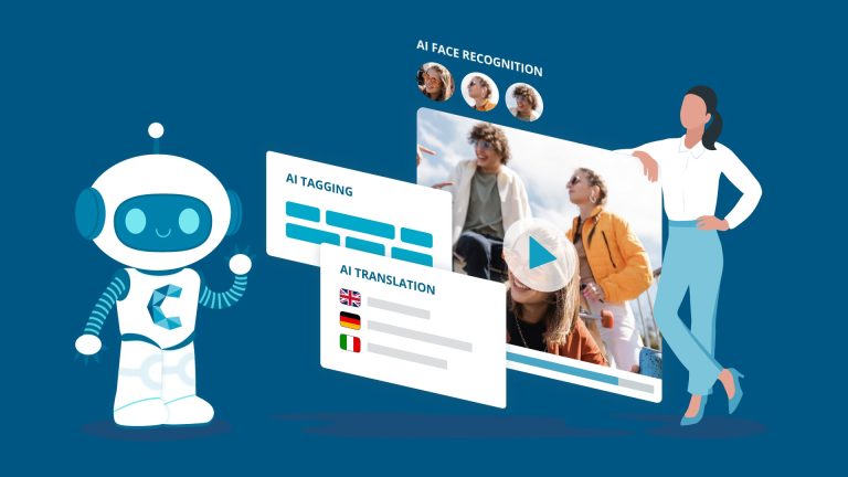 Illustration of AI in digital asset management showing automated tagging, translation, and face recognition.