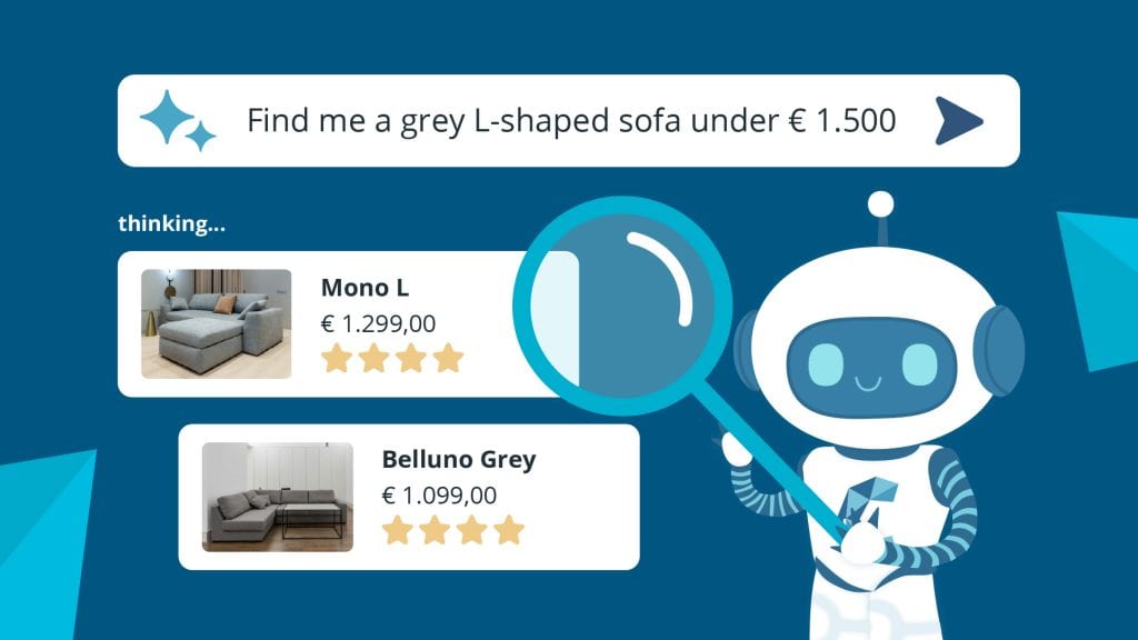 Illustration of an AI&acirc;based product search showing a text query, sofa results, prices, and star ratings.