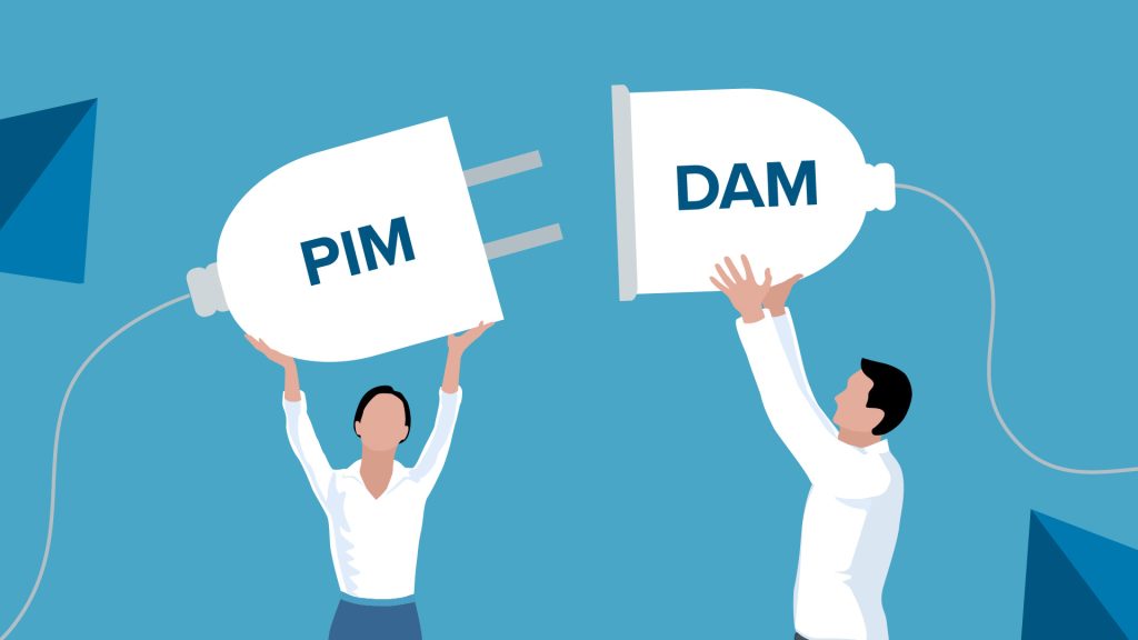 Illustration of two people holding plugs labelled PIM and DAM, symbolising system integration.