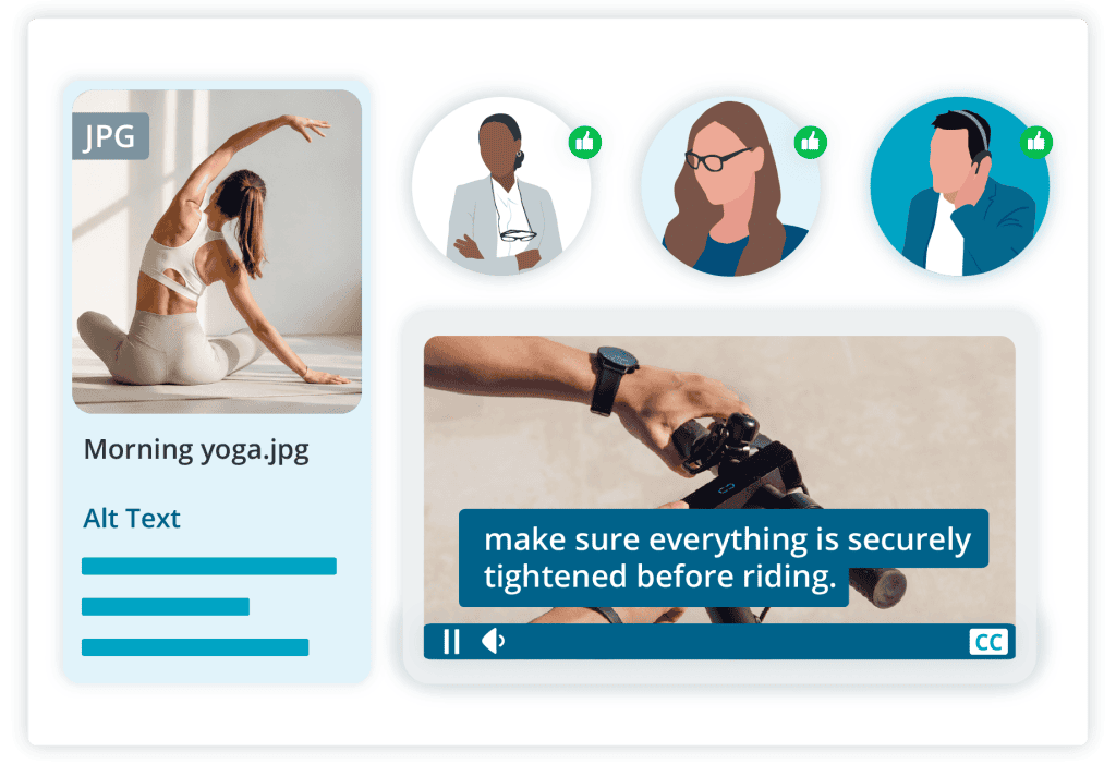 Illustration of a DAM interface showing an image asset, alt text, video captions, and approval status for accessible content.
