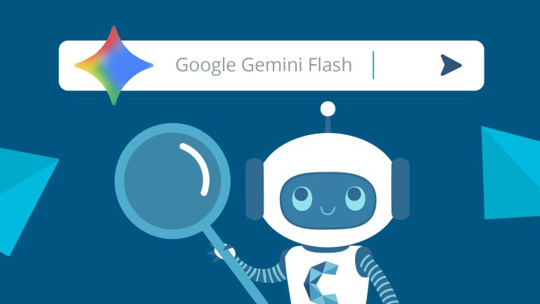 Illustration of a Google Gemini Flash search bar with an AI assistant and magnifying glass.